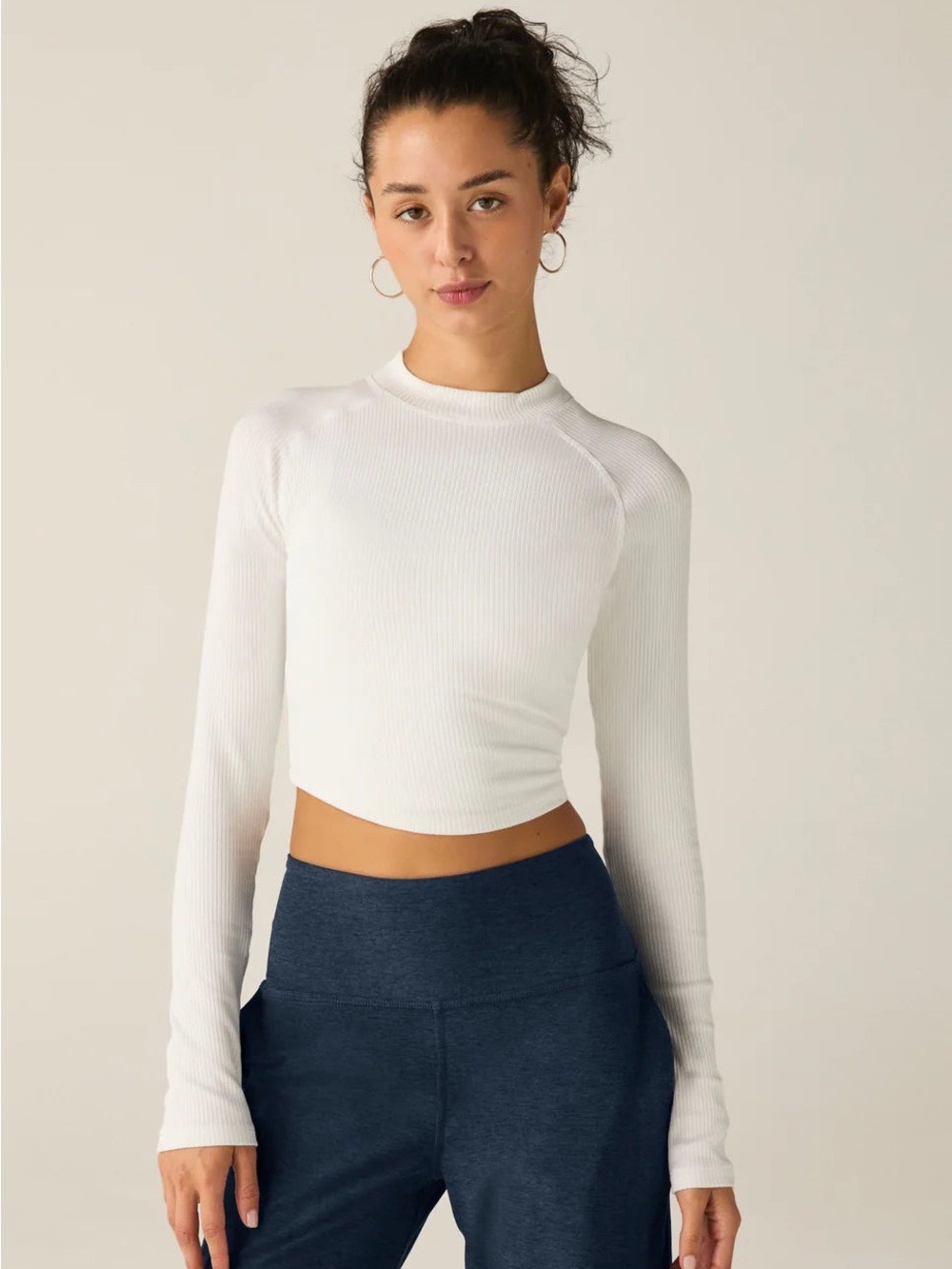 Beyond Yoga Contour Ribbed Mock Neck Top Cream Medium Long Sleeve